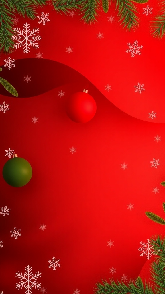 A festive red and green Christmas background with snowflakes and ornaments.